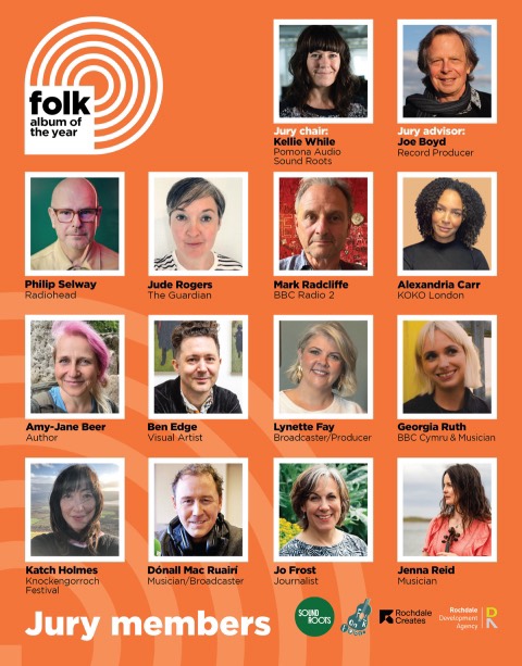 Jury members of the Folk Album of the Year Award 2026, a graphic issued by Sound Roots with Folk on Foot; Philip Selway is top of the second row
